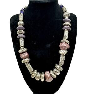 Mix Media Artisan Silver and Purple Bead Chunky Statement Boho Necklace